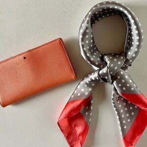 Kate Spade Wallet and Gray Polka Dot Silk Scarf with Coral Trim